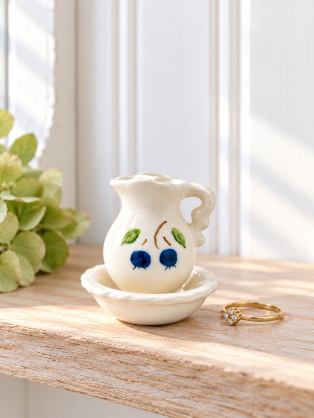 Miniature Blueberry Pitcher & Basin Hand Painted Ceramic Trinket Shelf Decor VTG